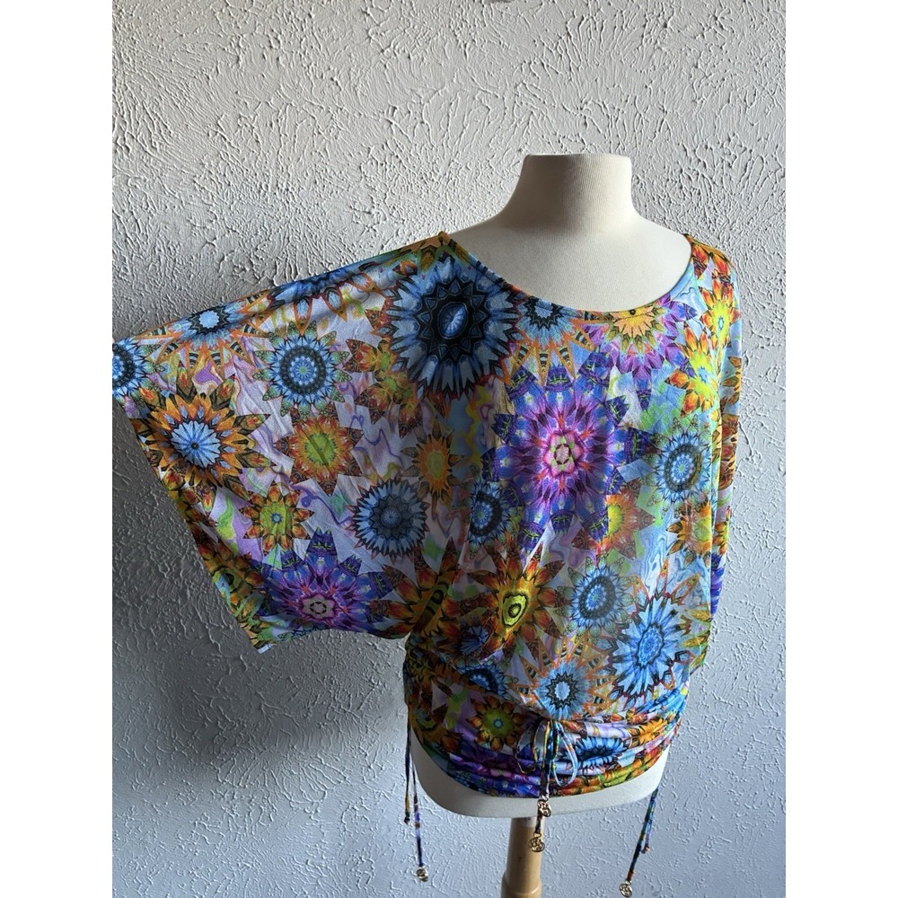 Luli Fama Medium Kaleidoscope Print Batwing Swim Cover Up Resort Tunic - Picture 8 of 16